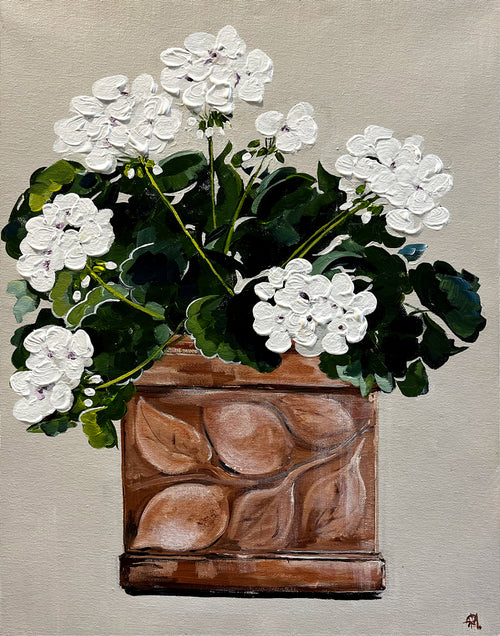 Painting of Pink Geraniums in Terracotta Pot Painted in Acrylic on Cotton Canvas roslynmary art.