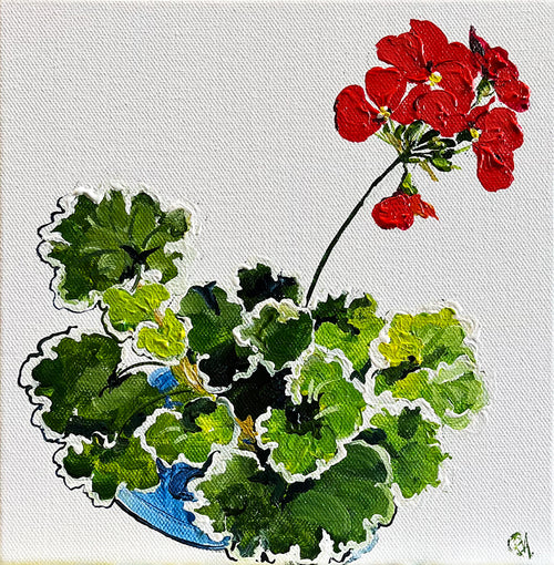 Painting of Red Geranium Painted in Acrylic on Stretched Canvas roslynmary art.