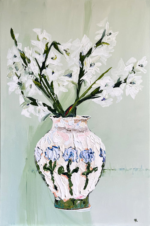 Painting of White Flowers in Tall Ceramic Vase Painted in Acrylic on Stretched Canvas roslynmary art.