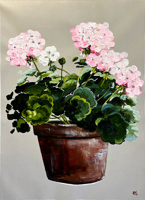 Painting of Pink Geraniums in Terracotta Pot Painted in Acrylic on Cotton Canvas roslynmary art.