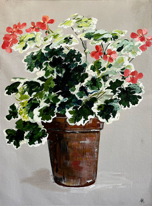 Painting of Red Geraniums in Terracotta Pot Painted in Acrylic on Cotton Canvas roslynmary art.