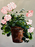 Painting of Pink Geraniums in Terracotta Pot Painted in Acrylic on Cotton Canvas roslynmary art.