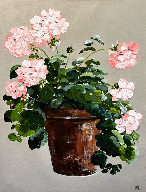 Painting of Pink Geraniums in Terracotta Pot Painted in Acrylic on Cotton Canvas roslynmary art.
