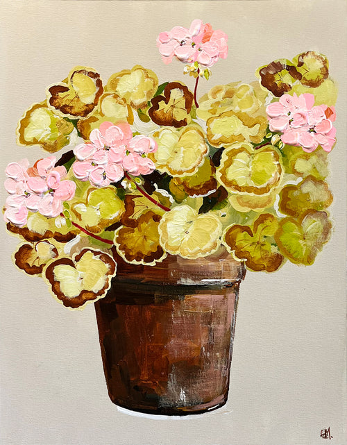 Painting of Pink & Weathered Geraniums in Terracotta Pot Painted in Acrylic on Cotton Canvas roslynmary art.