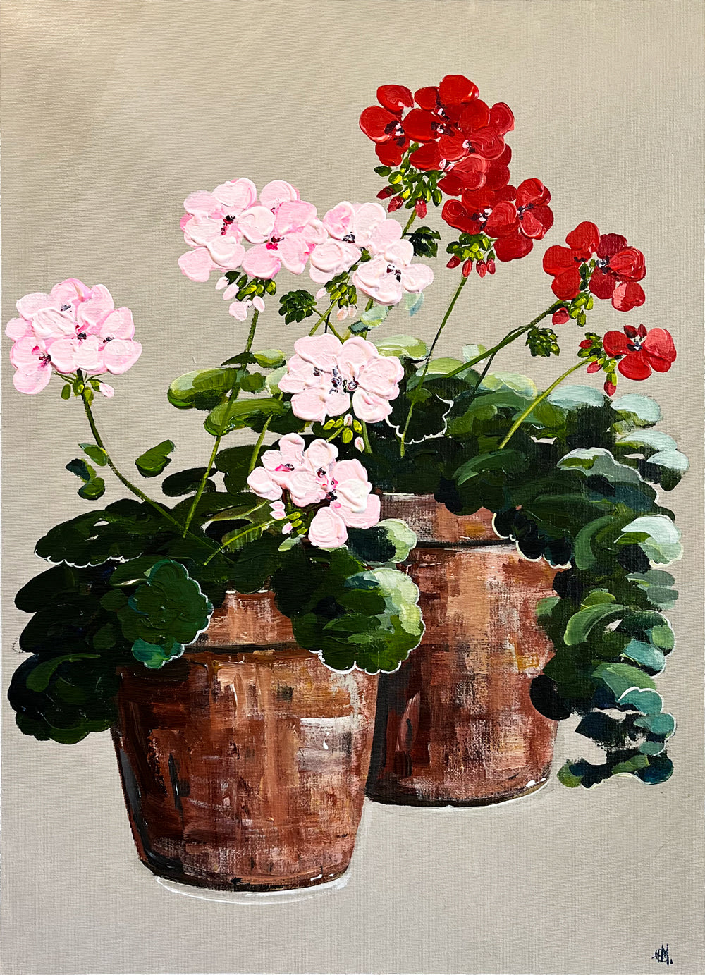 Painting of Pink and Red Geraniums in Terracotta Pots Painted in Acrylic on Cotton Canvas roslynmary art.
