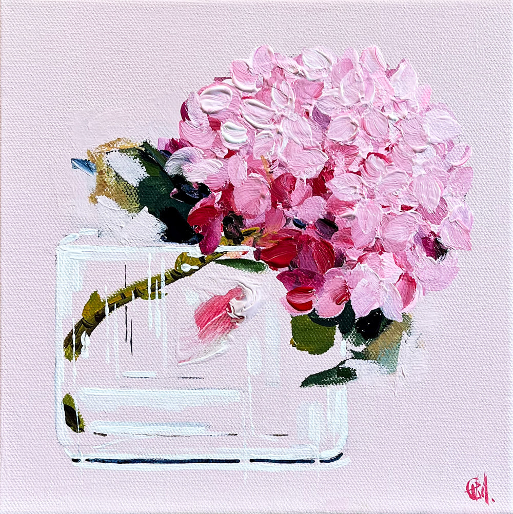 Painting of Pink Hydrangea in Glass Vase Painted in Acrylic on Stretched Canvas roslynmary art.