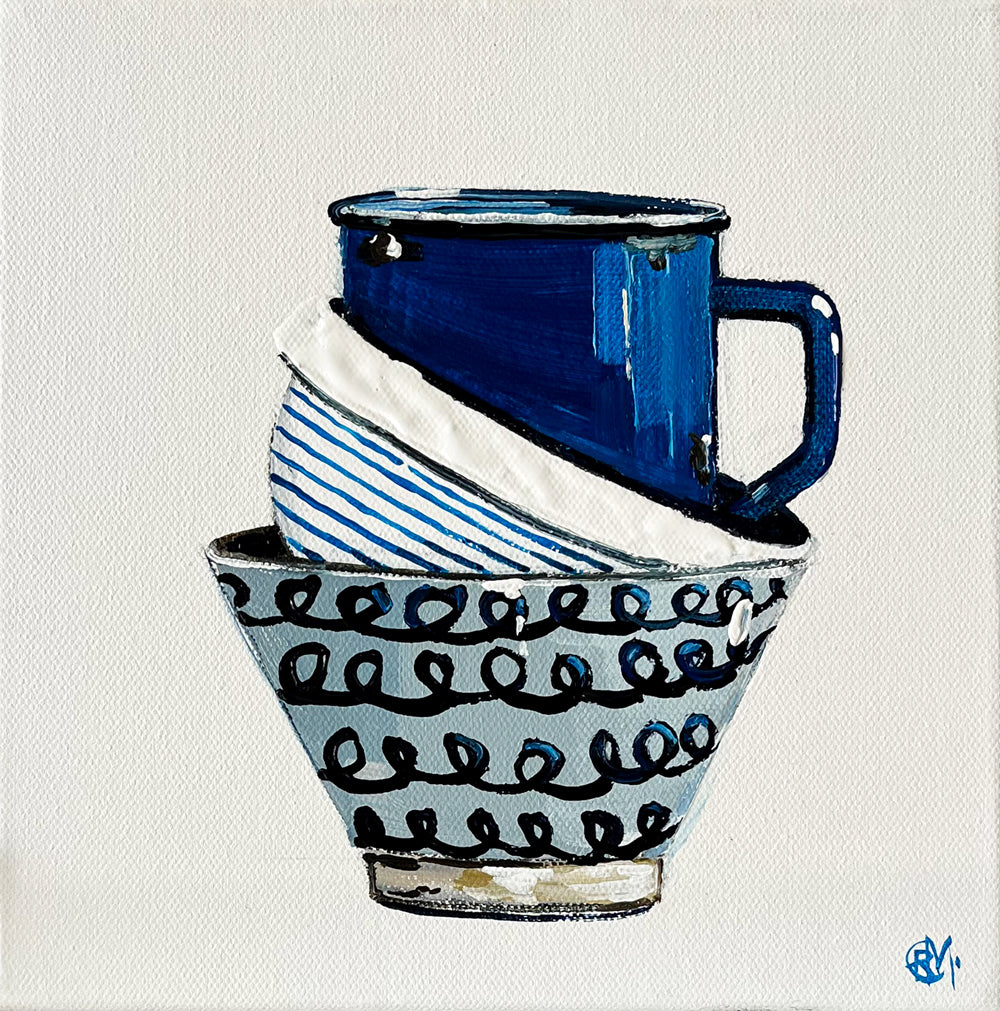 Painting of a Stack of Ceramic Cups Painted in Acrylic on Stretched Canvas roslynmary art.
