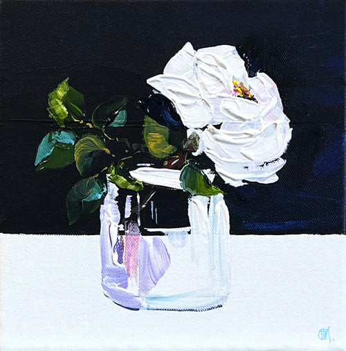 Painting of White Rose in Glass Jar Painted in Acrylic on Stretched Canvas roslynmary art.