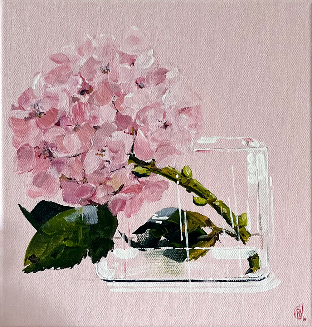 Painting of Pink Hydrangea in Glass Vase Painted in Acrylic on Stretched Canvas roslynmary art.