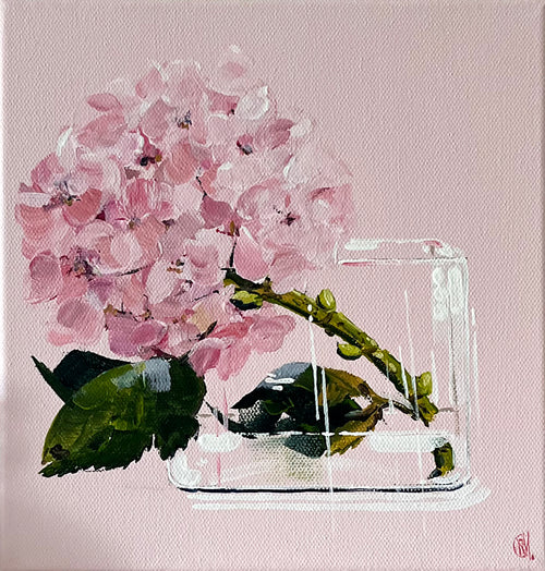 Painting of Pink Hydrangea in Glass Vase Painted in Acrylic on Stretched Canvas roslynmary art.