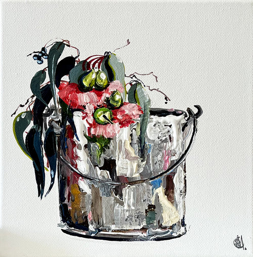 Painting of Eucalypt Blossoms in Paint Bucket Painted in Acrylic on Stretched Canvas roslynmary art.