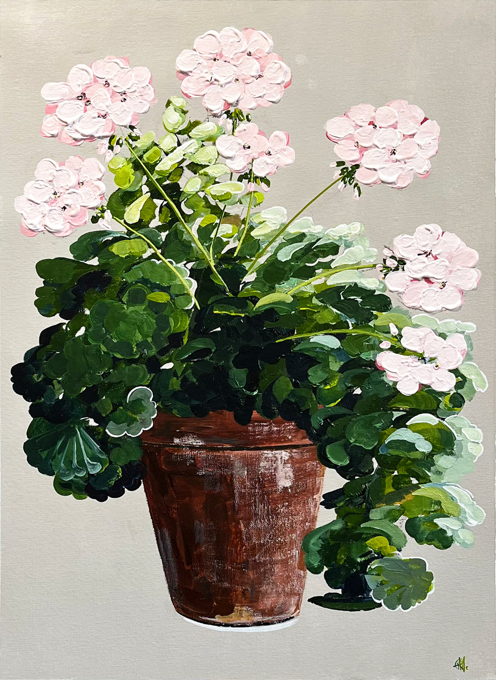 Painting of Pink Geraniums in Terracotta Pot Painted in Acrylic on Cotton Canvas roslynmary art.