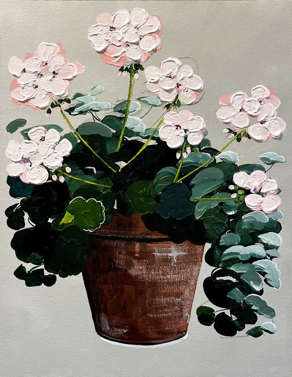 Painting of Pink Geraniums in Terracotta Pot Painted in Acrylic on Cotton Canvas roslynmary art.