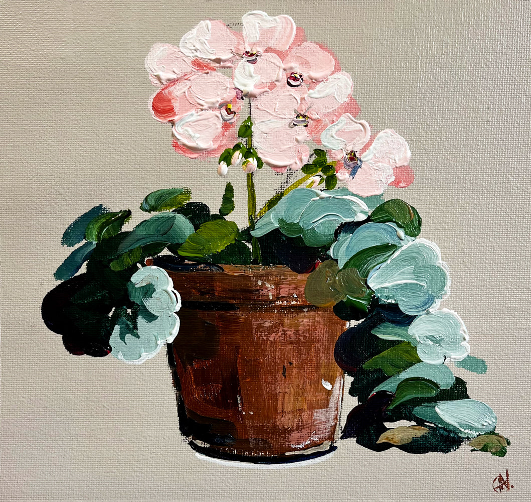 Painting of Pink Geranium in Terracotta Pot Painted in Acrylic on Cotton Canvas roslynmary art.
