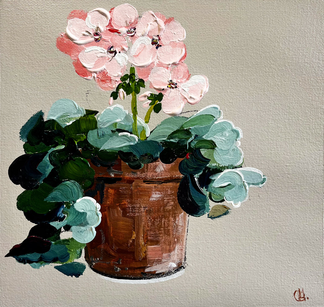 Painting of Pink Geranium in Terracotta Pot Painted in Acrylic on Cotton Canvas roslynmary art.