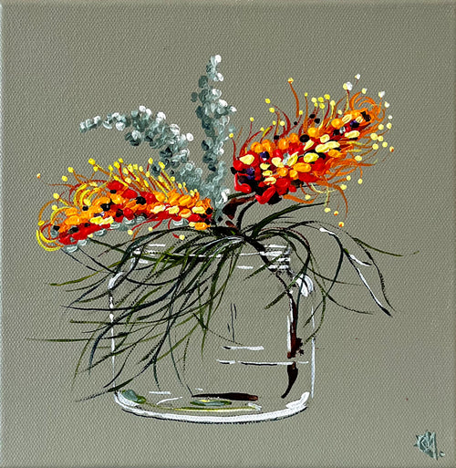 Painting of Grevillea in Glass Vase Painted in Acrylic on Stretched Canvas roslynmary art.