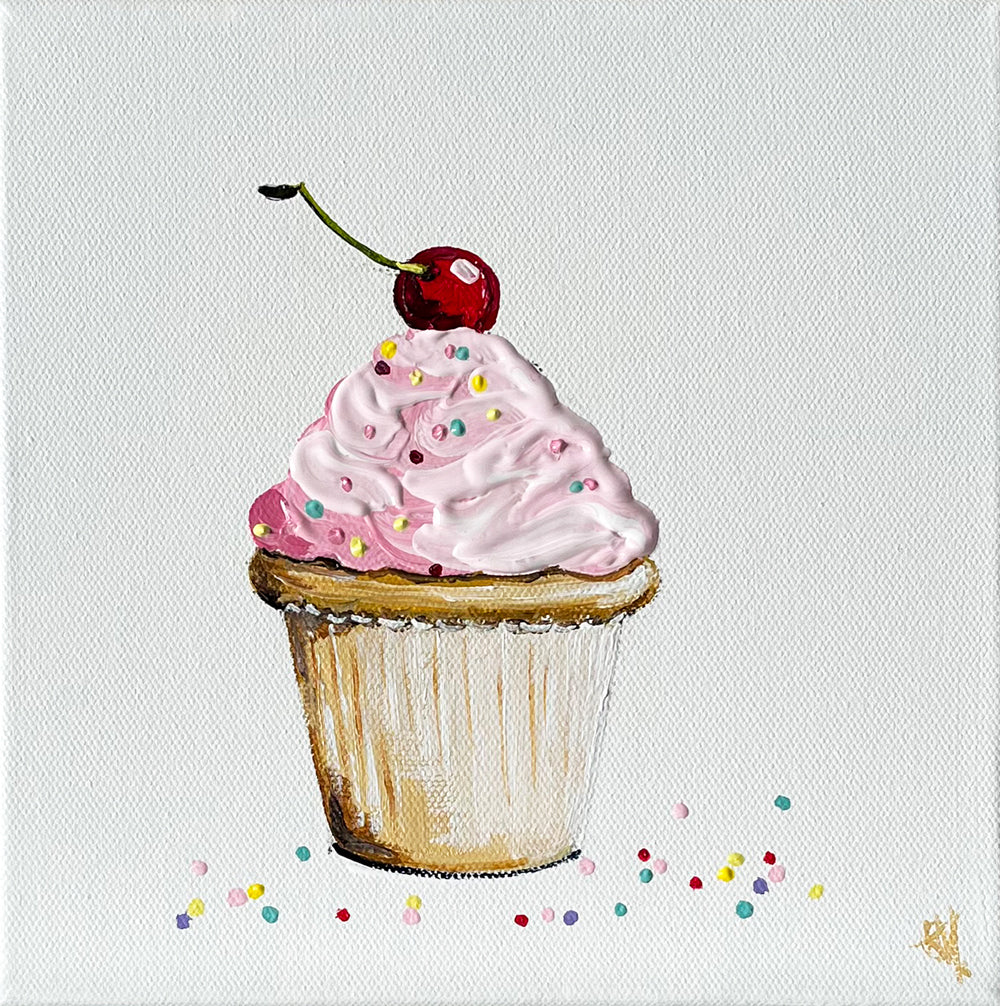 Painting of Cupcake with Cherry on Top Painted in Acrylic on Stretched Canvas roslynmary art.