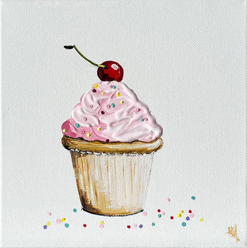 Painting of Cupcake with Cherry on Top Painted in Acrylic on Stretched Canvas roslynmary art.
