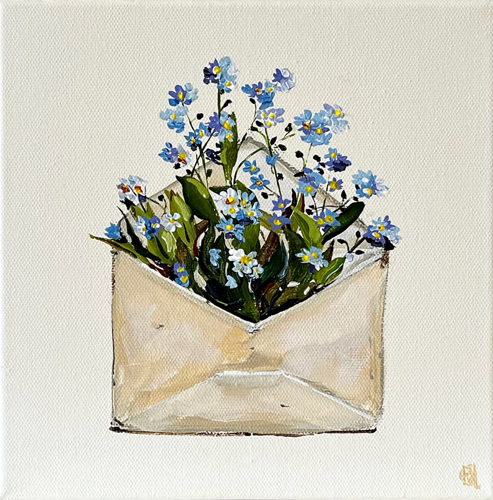 Painting of Envelope filled with Forget me Not Flowers Painted in Acrylic on Stretched Canvas roslynmary art.