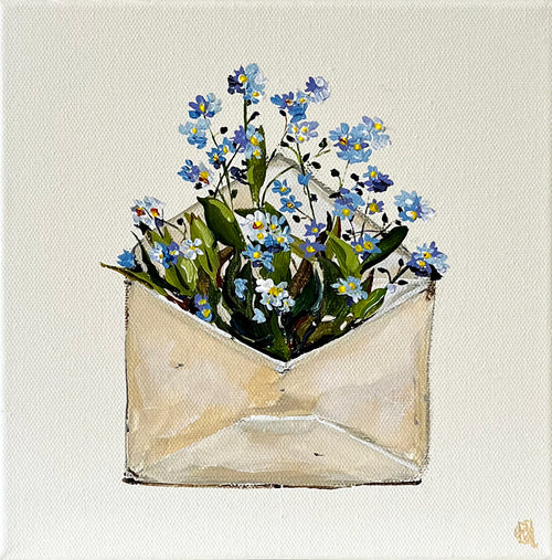 Painting of Envelope filled with Forget me Not Flowers Painted in Acrylic on Stretched Canvas roslynmary art.
