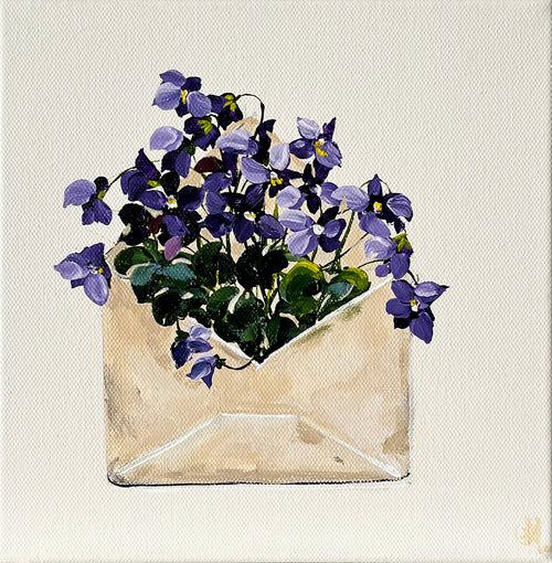Painting of Envelope filled with Violets Painted in Acrylic on Stretched Canvas roslynmary art.