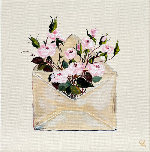 Painting of Envelope filled with Roses Painted in Acrylic on Stretched Canvas roslynmary art.