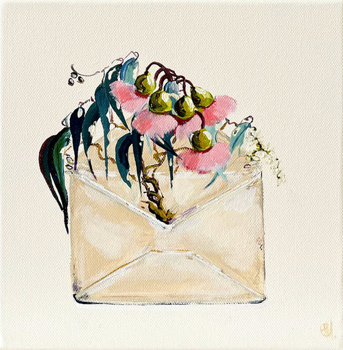 Painting of Envelope filled with Eucalypt Blossom Painted in Acrylic on Stretched Canvas roslynmary art.