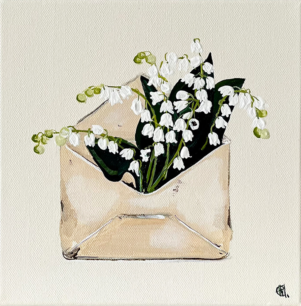 Painting of Envelope filled with Lilies Painted in Acrylic on Stretched Canvas roslynmary art.
