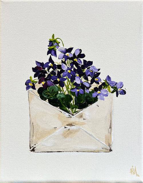 Painting of Envelope filled with Violets Painted in Acrylic on Stretched Canvas roslynmary art.