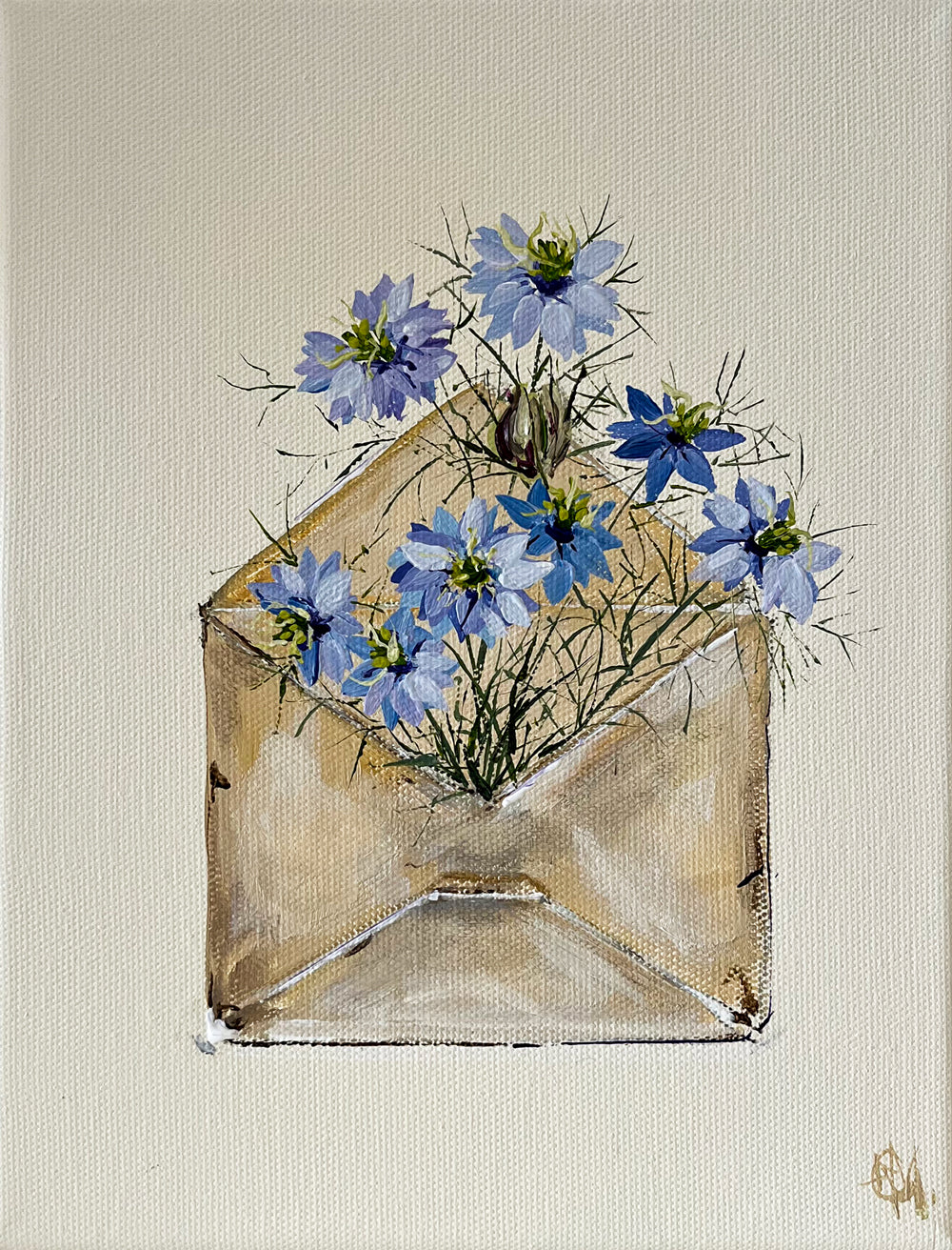 Painting of Envelope filled with Love in the Mist Painted in Acrylic on Stretched Canvas roslynmary art.