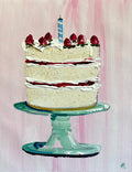 Painting of Birthday Cake on Green Cake Stand Painted in Acrylic on Cotton Canvas roslynmary art.