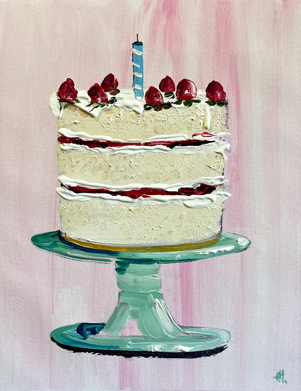 Painting of Birthday Cake on Green Cake Stand Painted in Acrylic on Cotton Canvas roslynmary art.