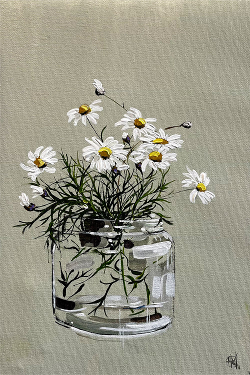 Painting of Daisies in Glass Jar Painted in Acrylic on Cotton Canvas roslynmary art.