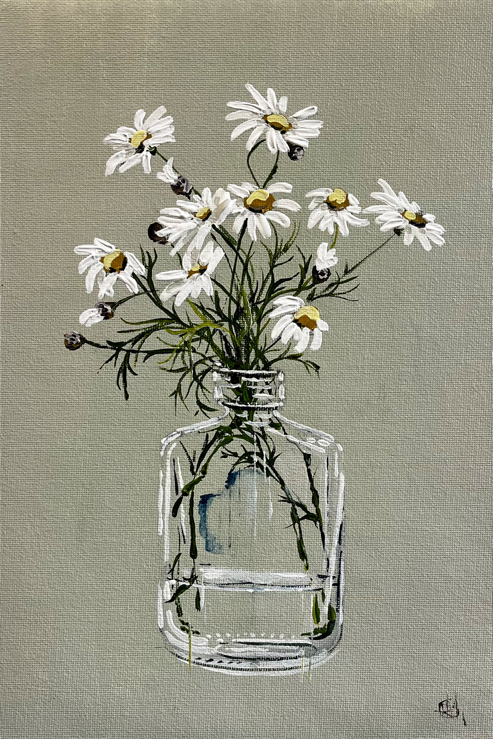 Painting of Daisies in Glass Bottle Painted in Acrylic on Cotton Canvas roslynmary art.