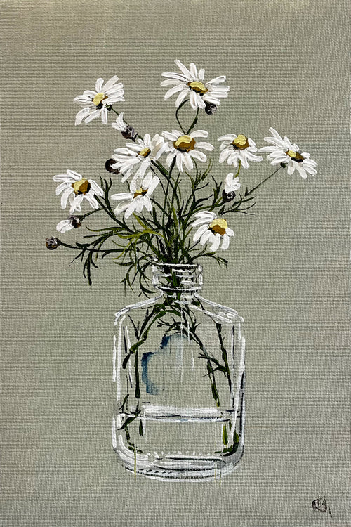 Painting of Daisies in Glass Bottle Painted in Acrylic on Cotton Canvas roslynmary art.