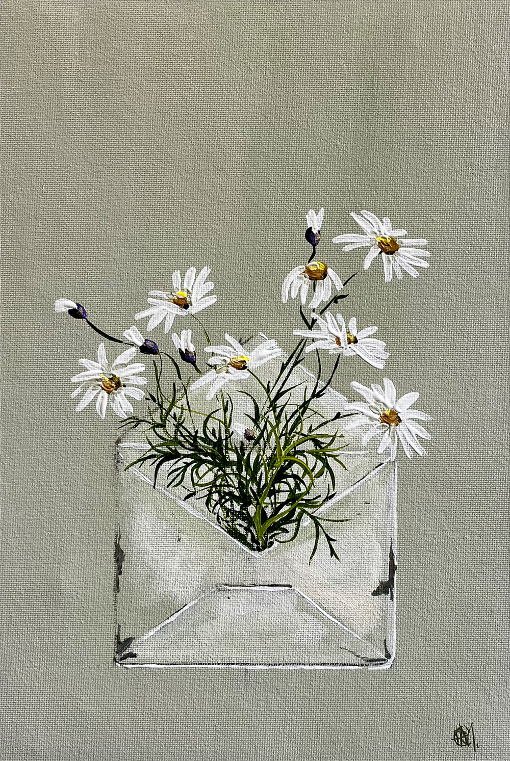 Painting of Daisies in Envelope Painted in Acrylic on Cotton Canvas roslynmary art.