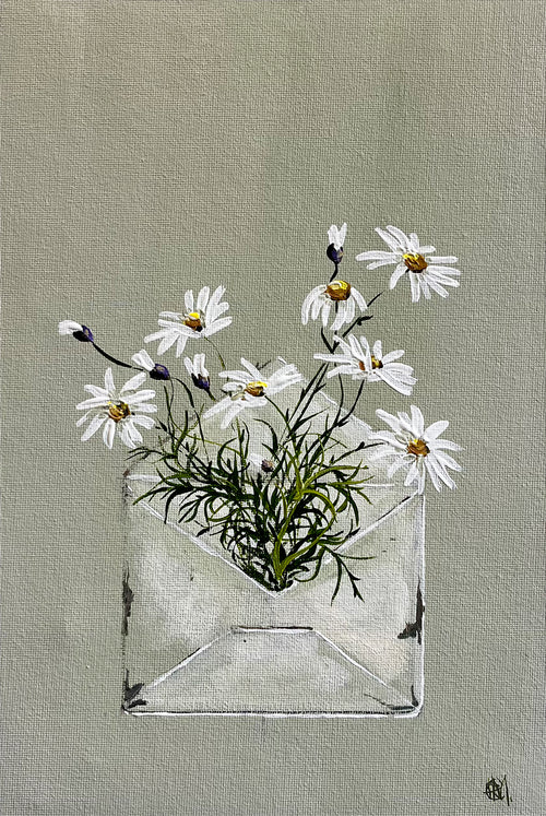 Painting of Daisies in Envelope Painted in Acrylic on Cotton Canvas roslynmary art.