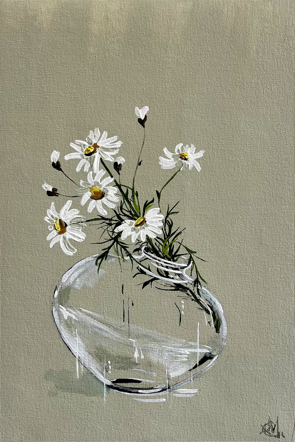 Painting of Daisies in Glass Vase Painted in Acrylic on Cotton Canvas roslynmary art.