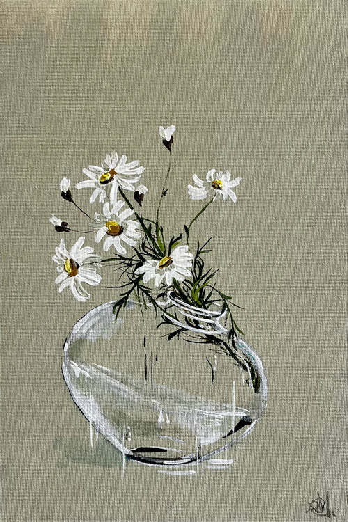 Painting of Daisies in Glass Vase Painted in Acrylic on Cotton Canvas roslynmary art.