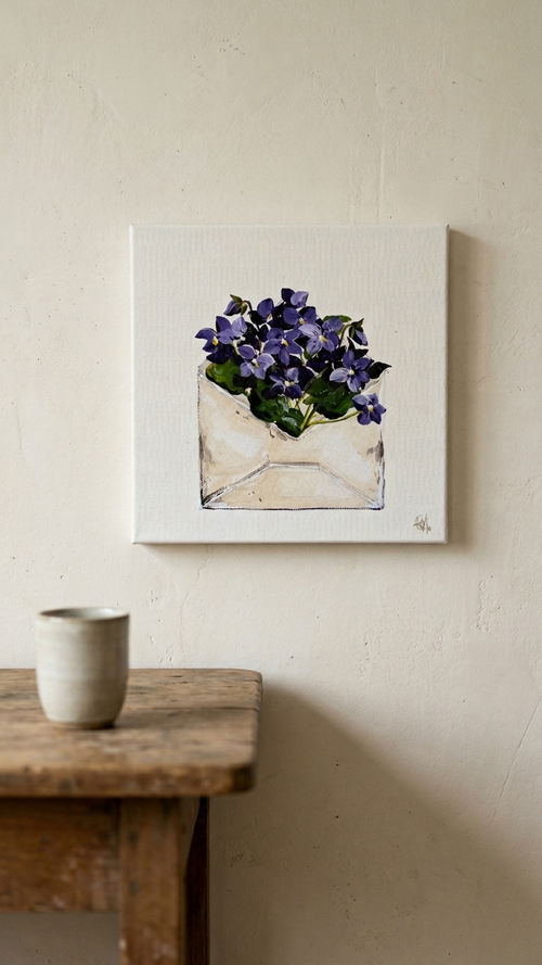 Mockup of Painting of Envelope filled with Violets Painted in Acrylic on Stretched Canvas roslynmary art.