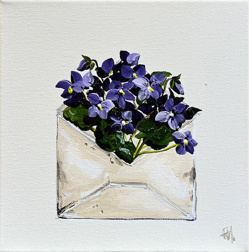 Painting of Envelope filled with Violets Painted in Acrylic on Stretched Canvas roslynmary art.