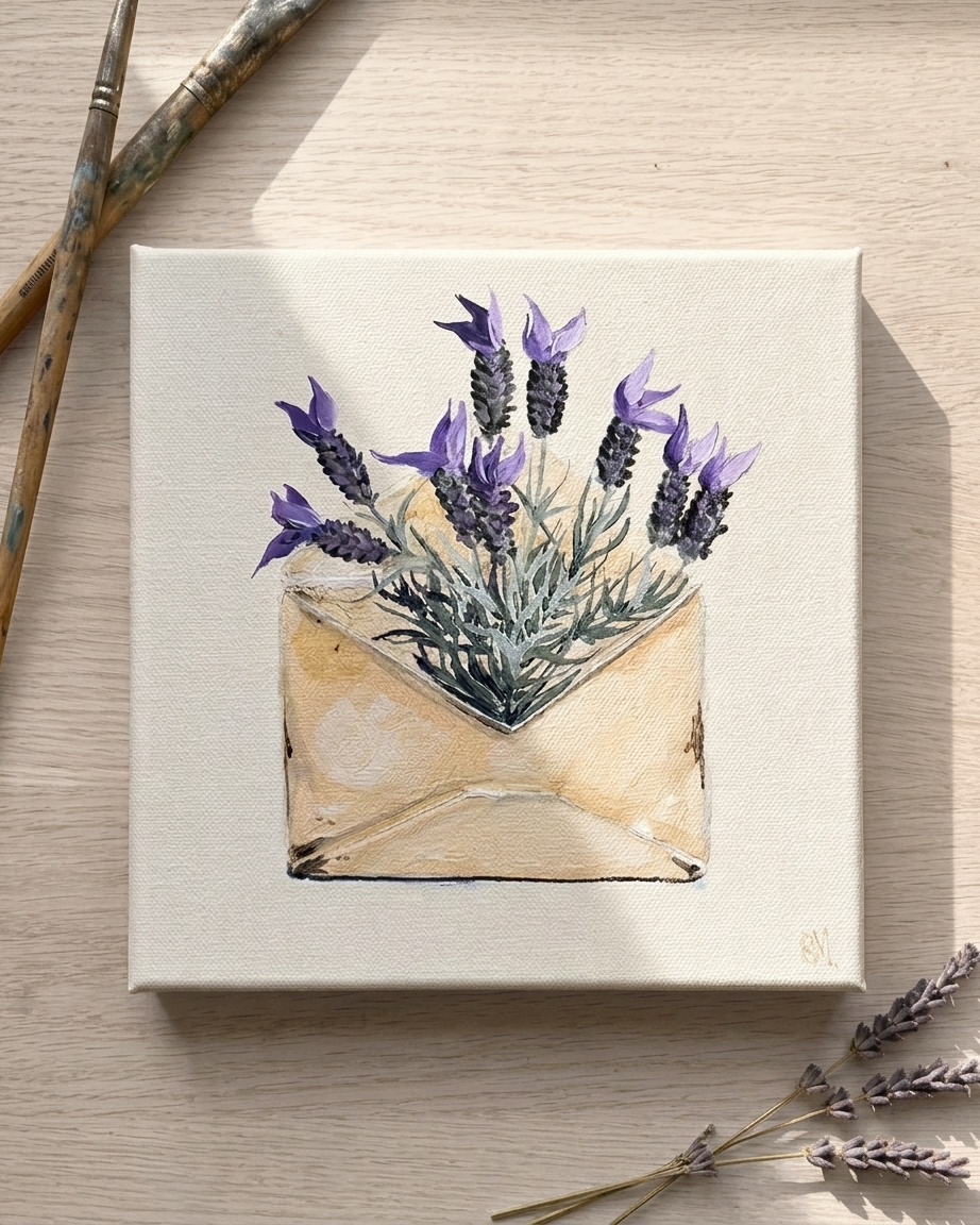 Mockup of Painting of Envelope filled with Lavender Painted in Acrylic on Stretched Canvas roslynmary art.