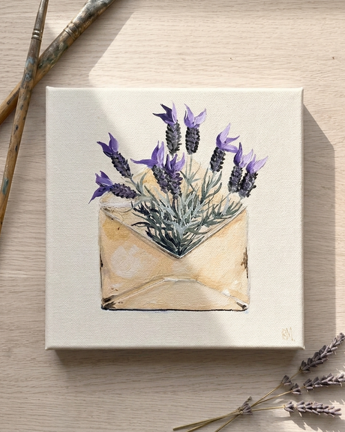 Mockup of Painting of Envelope filled with Lavender Painted in Acrylic on Stretched Canvas roslynmary art.