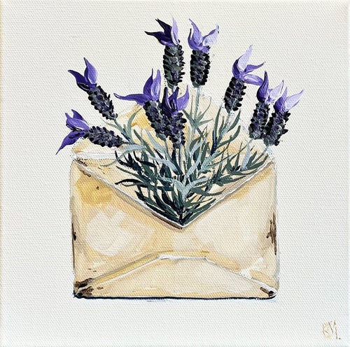 Painting of Envelope filled with Lavender Painted in Acrylic on Stretched Canvas roslynmary art.