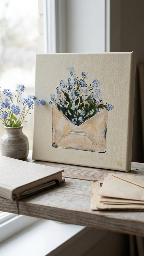 Mockup of Painting of Envelope filled with Forget me Not Flowers Painted in Acrylic on Stretched Canvas roslynmary art.