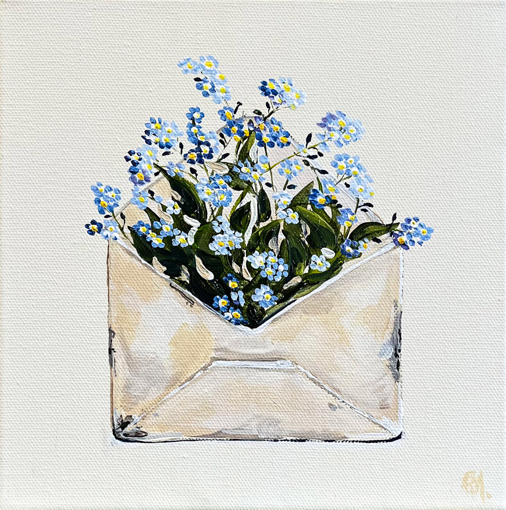 Painting of Envelope filled with Forget me Not Flowers Painted in Acrylic on Stretched Canvas roslynmary art.