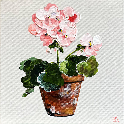 Painting of Pink Geranium in Terracotta Pot Painted in Acrylic on Stretched Canvas roslynmary art.