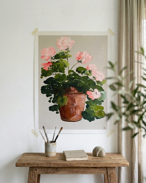 Painting Mockup of Pink Geraniums in Terracotta Pot Painted in Acrylic on Cotton Canvas roslynmary art.