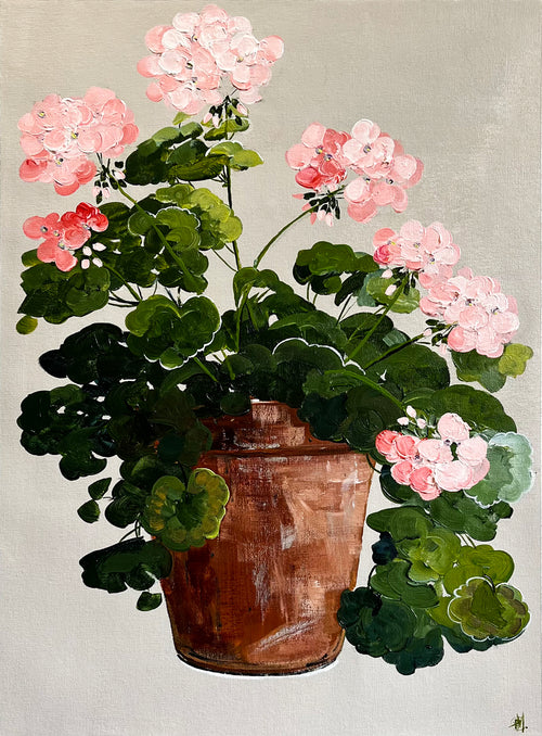 Painting of Pink Geraniums in Terracotta Pot Painted in Acrylic on Cotton Canvas roslynmary art.