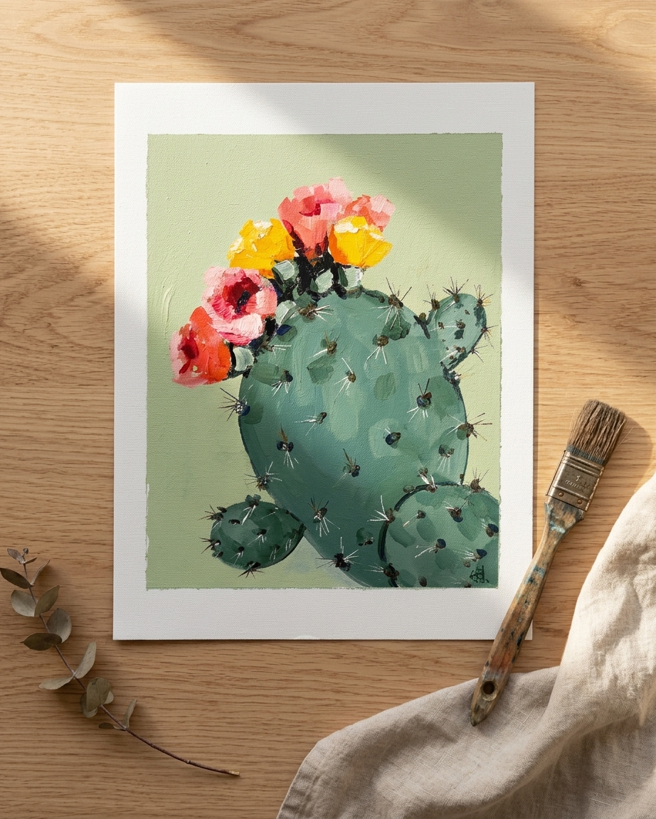 Flatlay of Painting of Flowing Cactus Painted in Acrylic on Cotton Canvas roslynmary art.